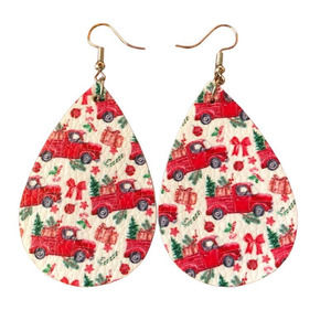 Vintage Red Truck Vegan Leather Christmas Teardrop Earrings